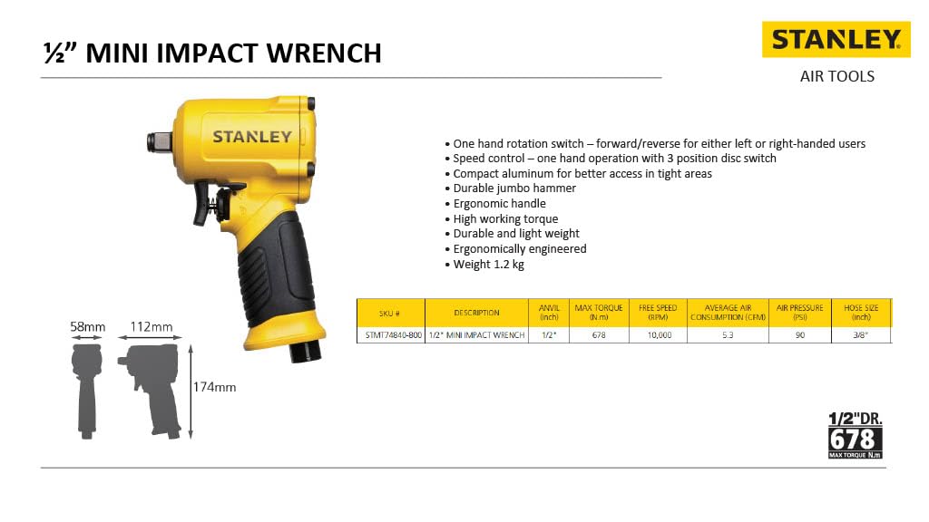 Stanley STMT74840-800 12-inch Mini Impact Wrench (Yellow & Black)