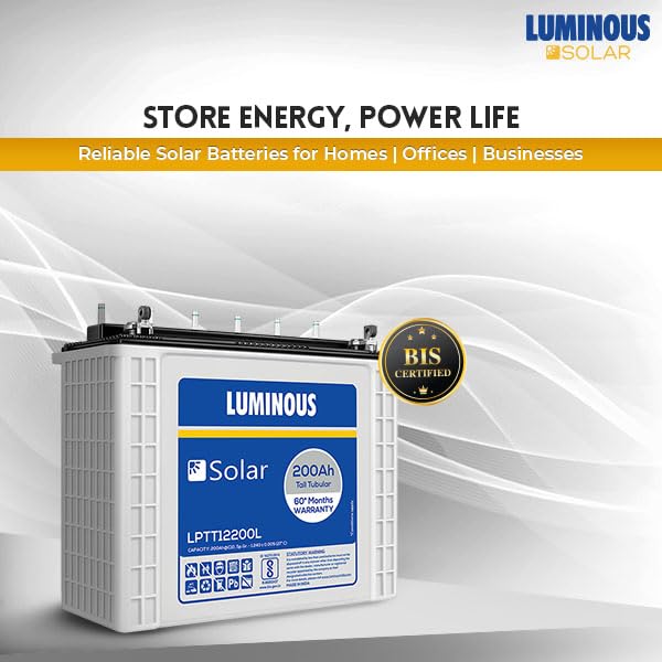 Luminous Solar Inverter LPTT 12200L Tubular Battery 200Ah Rated Capacity C10 Rating, Residential and Commercial Application, Low Maintenance