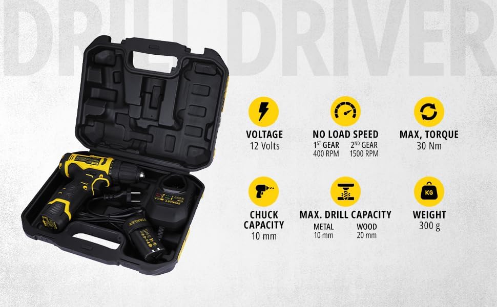 STANLEY SCD10D2K-IN(12 V) Brushed Cordless Drill Driver, 2x2Ah Batteries & 1.5A Charger, LED light, Variable Speed Trigger Switch, ForwardReverse Button,10mm Chuck,Clutch Setting 20+3,1 Year Warranty