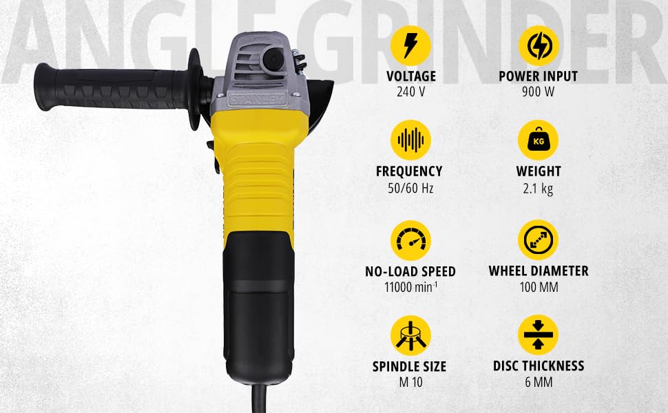 STANLEY STGS9100-IN,900W,4”(100mm) Angle Grinder for Medium Duty Applications with Spindle Lock,1 Year Warranty