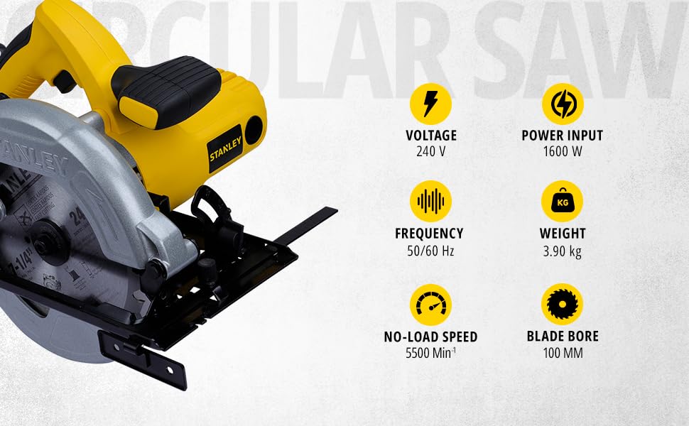 STANLEY SC16-IN 7-14” 1600W 5500 RPM Corded Electric Circular Saw with 24T Blade for Tradesmen & Professional Use, 1 Year Warranty, YELLOW & BLACK