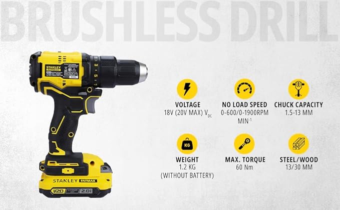 STANLEY FATMAX SBD710D2K 20V 13 mm 1900 RPM Cordless Brushless Drill Machine Driver, 60 Nm Torque, 2.0Ah Li-ion Batteries with Charger, Kit Box, 2 Speed Gearbox, 2 Year Warranty