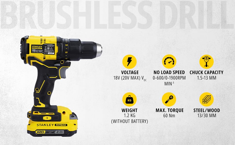 STANLEY FATMAX SBD710D2K-B1 20V 13 mm 1900 RPM Cordless Brushless Drill Machine Driver, 60 Nm Torque, 2.0Ah Li-ion Batteries with Charger, Kit Box, 2 Speed Gearbox, 2 Year Warranty