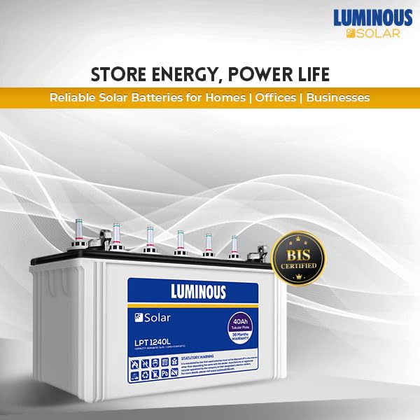 Luminous Solar Inverter Tubular Battery 40Ah Rated Capacity, C10 Rating, Ideal for Residential and Commercial Application, Low Maintenance, Life up to 1500 Cycles, (LPT 1240L, 36 Months Warranty