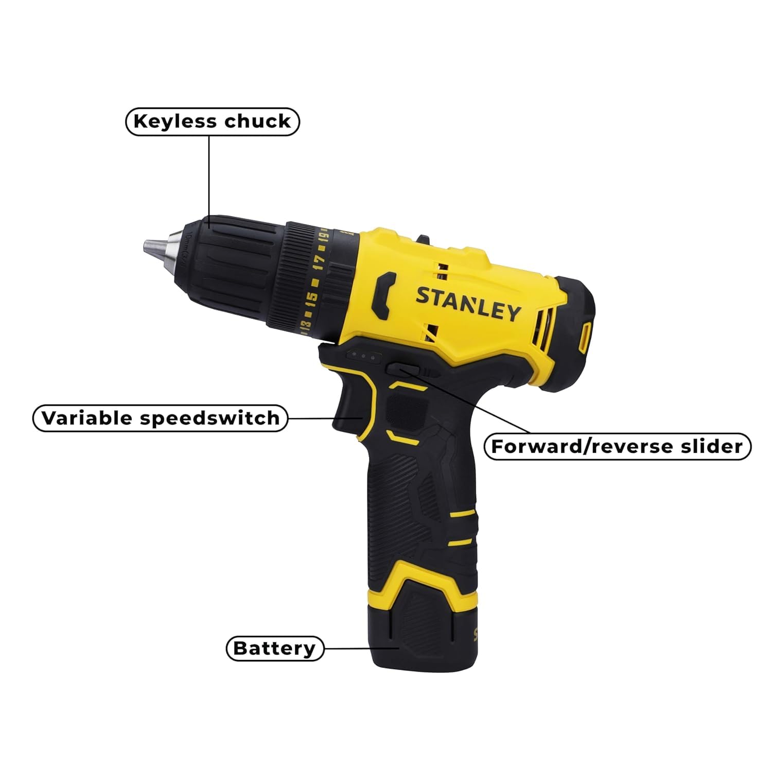 STANLEY SCH10D1-IN(12V) Brushed Cordless Hammer Drill Driver, 1x2Ah Battery & 1.5A Charger,LED Light,Variable Speed Trigger Switch,ForwardReverse Button,10mm Chuck,Clutch Setting 20+1,1 Year Warranty