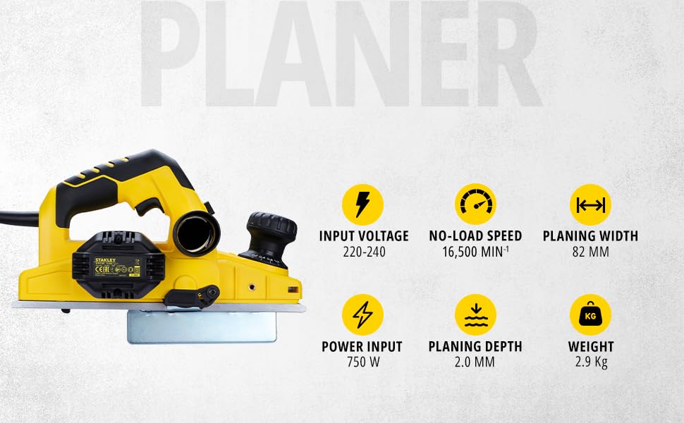 STANLEY STPP7502-IN 750W 2mm Planer (Yellow and Black) with 2 TCT blades
