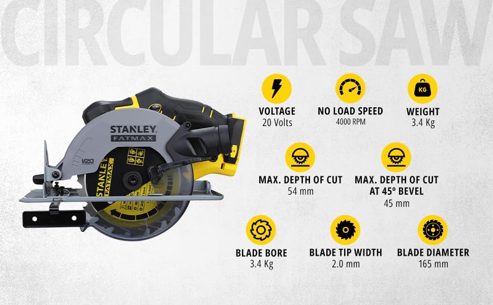 STANLEY FATMAX SCC500-B1 20V 165mm 4000 RPM Cordless Brushed Circular Saw for Mechanic, Tradesmen & Professional Use, Batteries Not Included, 2 Year Warranty, YELLOW & BLACK