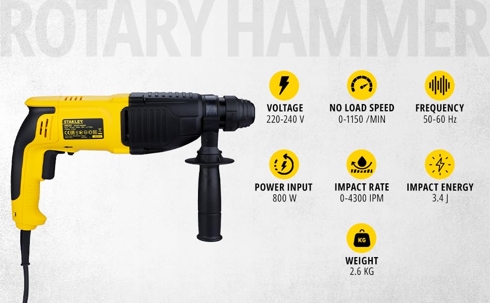 STANLEY SHR263K-IN 800W 26mm 3 Mode SDS-Plus Corded Hammer with Kitbox, 2.6Kg