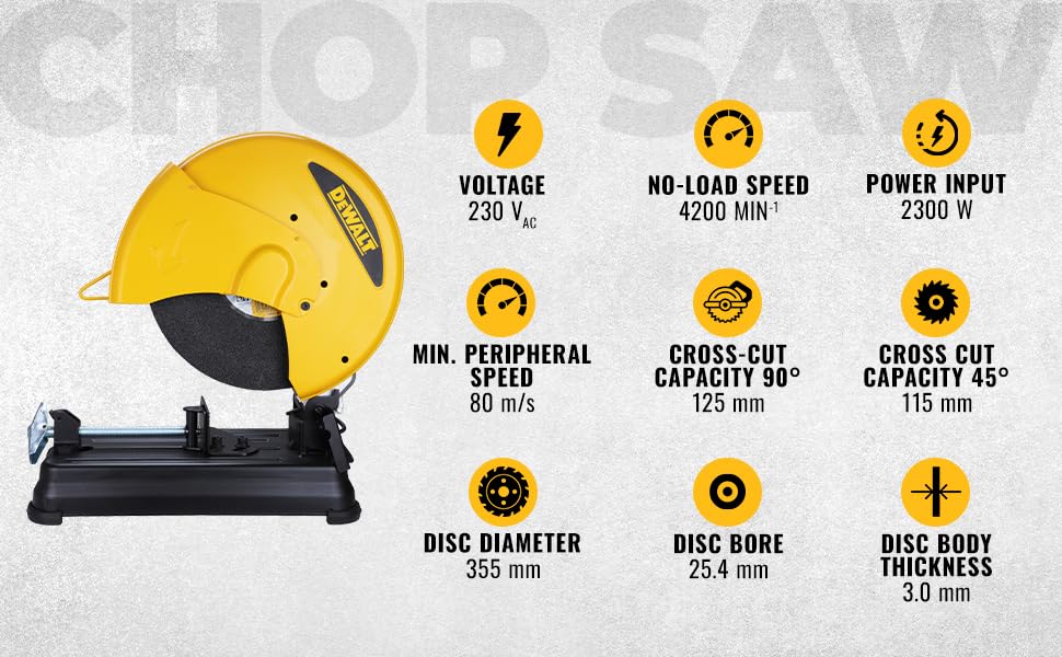 DEWALT D28730-IN 14-inch (355 mm),2300W,3800 Rpm Heavy Duty Chop Saw With Wheel Included For Cutting Metal, Robust Lightweight Aluminium Arm