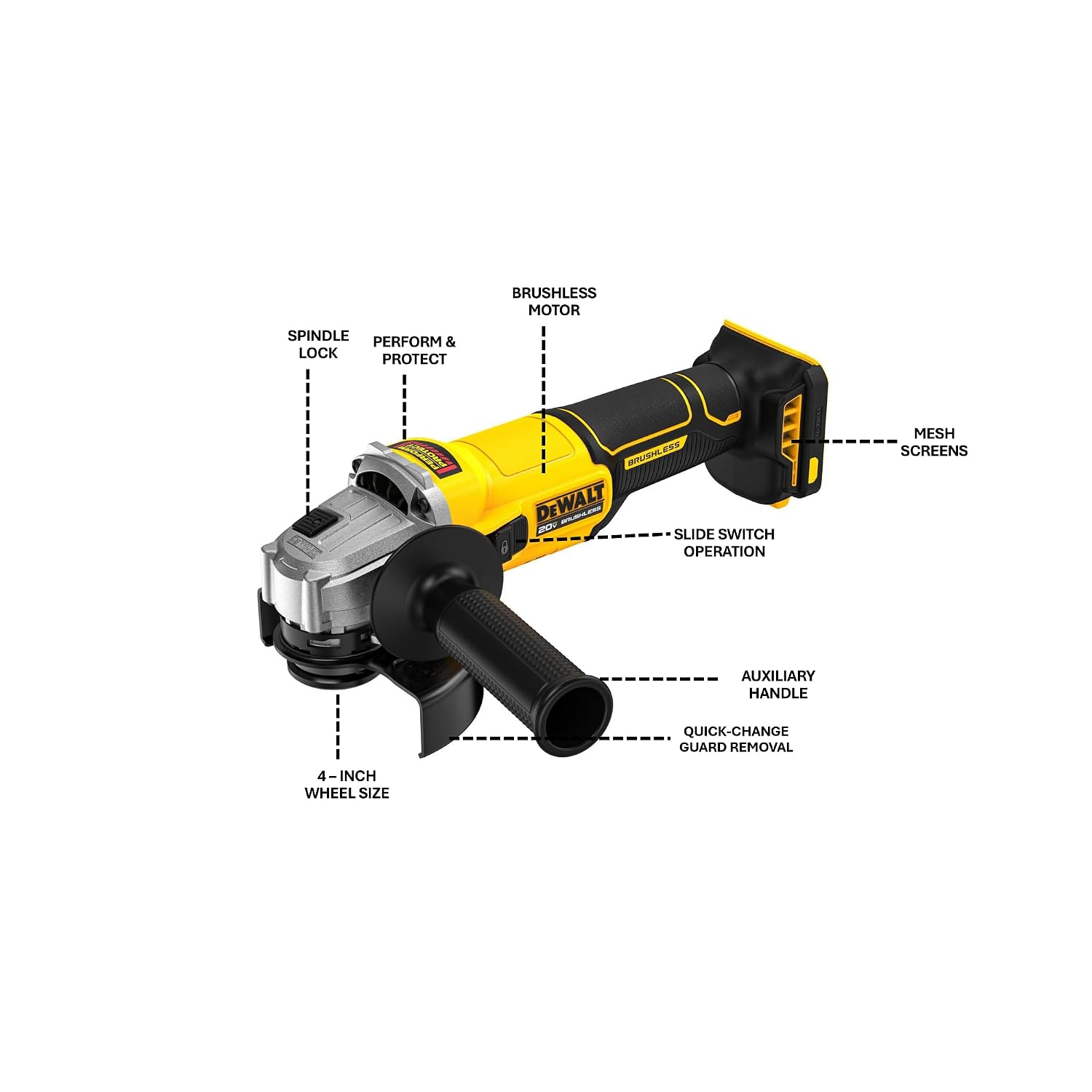DEWALT DCG407P2T-B1 18V(20V MAX) 100mm (4″) Cordless Brushless Slide Angle Grinder Kit with (2) 5.0 Ah Li-ion Batteries & 1 Charger, 9000 RPM No Load Speed, SIDE HANDLE INCLUDED
