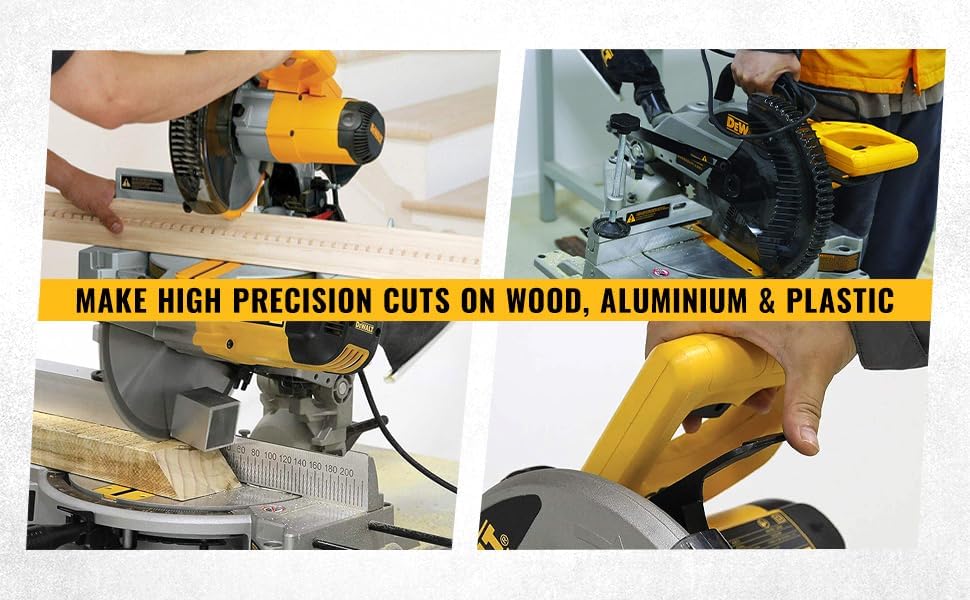 DEWALT DW714-IN 10(254 mm) Corded Compound Mitre Saw With 80T TCT Alu. Blade, 1650W Univ. Motor, 4600 RPM, Max. Cross-cut Capacity 90 Deg. 130 mm, Ideal For Cutting Wood & Tiles, Horizontal D-Handle