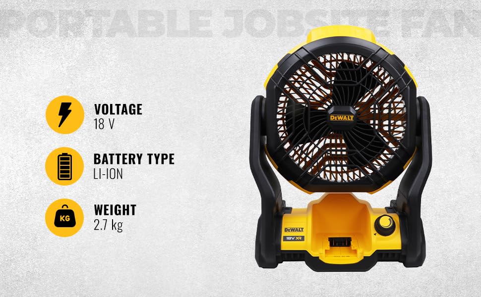 DEWALT DCE512N-XJ 18V XR 3000 RPM Fan Speed Cordless Brushless Portable Jobsite Fan – IP54 Rated (Bare Tool), Yellow & BlackDEWALT DCE512N-XJ 18V XR 3000 RPM Fan Speed Cordless Brushless Portable Jobsite Fan – IP54 Rated (Bare Tool), Yellow & Black