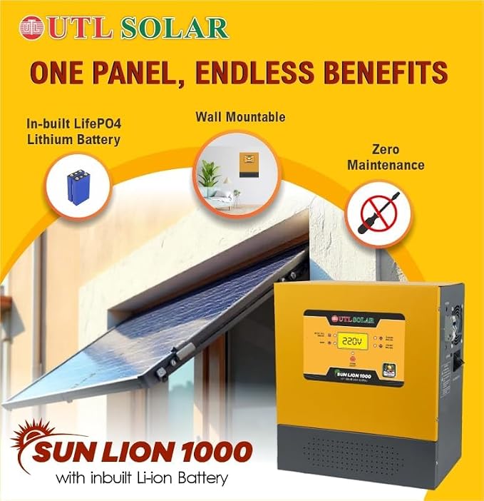 UTL Sun Lion 1000 rMPPT Solar Inverter 800VA12.8V Inbuilt Lithium Battery (LiFePO4) Compatible with 12V & 24V Solar Panels Wall Mountable