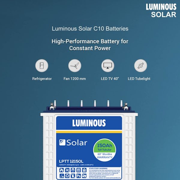 Luminous Solar Inverter Tubular Battery 150Ah Rated Capacity, C10 Rating, Ideal for Residential and Commercial Application, Low Maintenance, Life up to 1500 Cycles