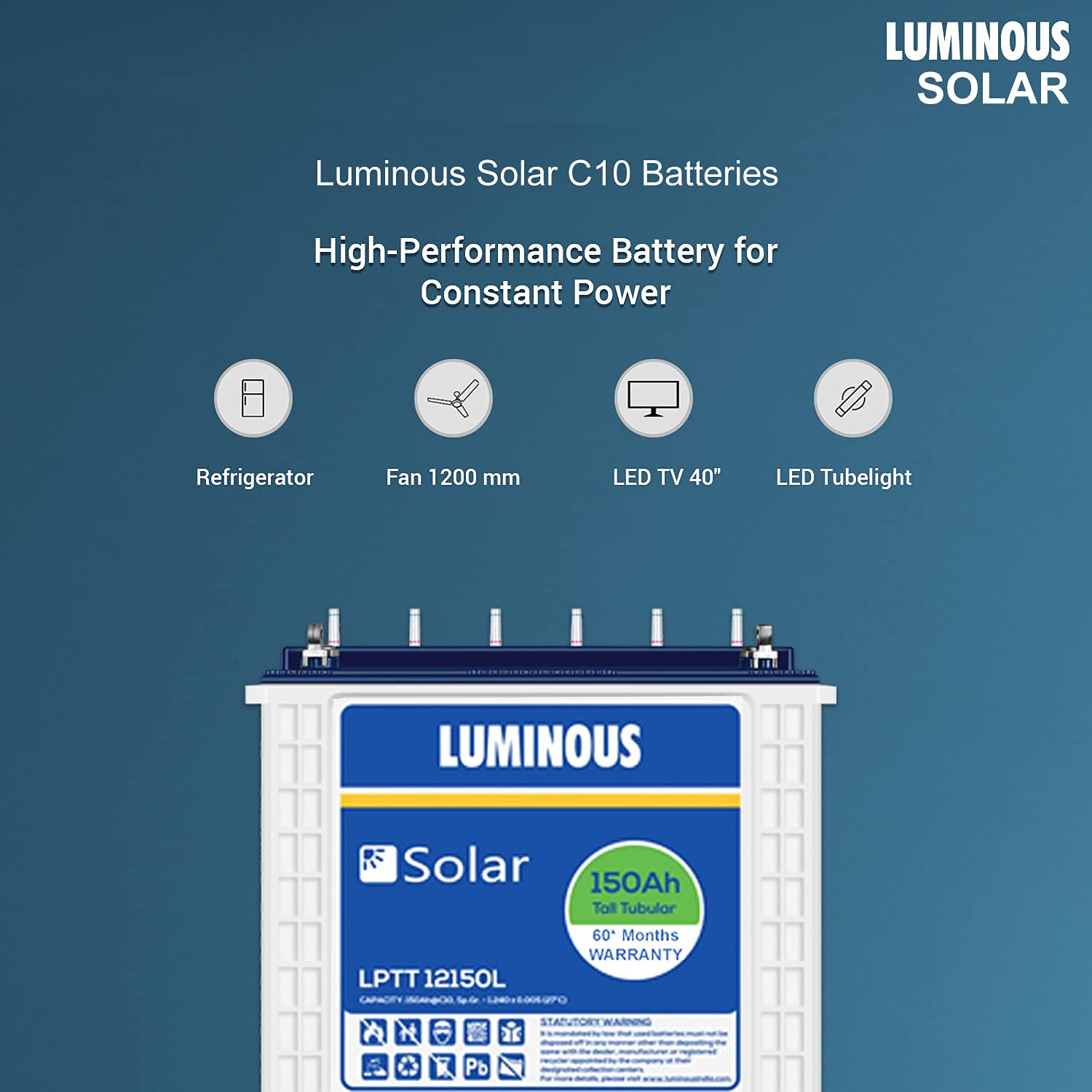 Luminous Solar LPTT 12150L 150 Ah @C10, Recyclable Tall Tubular Inverter Battery for Home, Office & Shops
