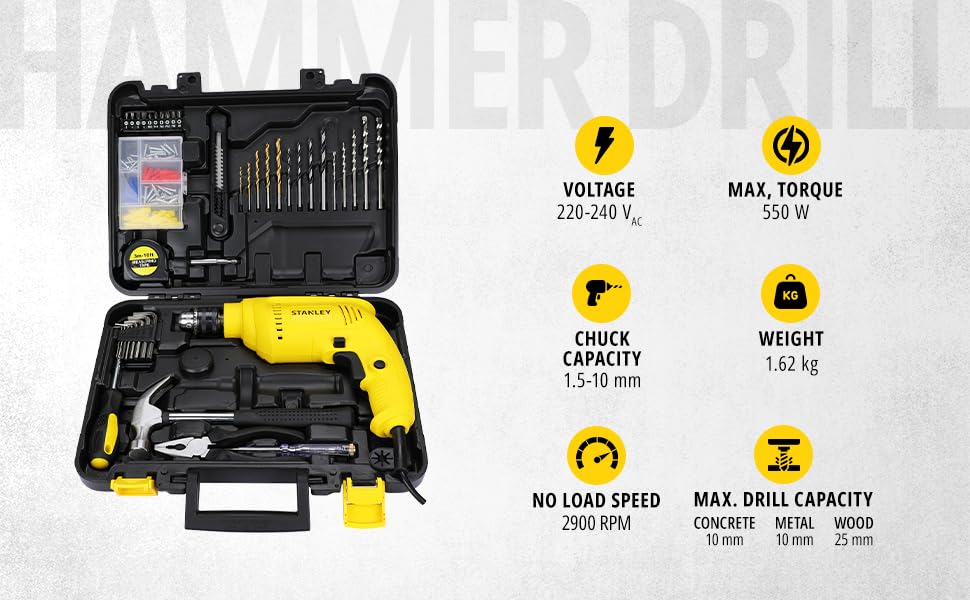 STANLEY SDH550KP-IN 550W 10mm CORDED HAMMER DRILL MACHINE & HAND TOOL KIT for Home, DIY & Professional Use (120-PIECES) – INCLUDES Hammer Drill,Plier,Hammer,Measuring Tape & Drill Bits,1Year WarrantySTANLEY SDH550KP-IN 550W 10mm CORDED HAMMER DRILL MACHINE & HAND TOOL KIT for Home, DIY & Professional Use (120-PIECES) – INCLUDES Hammer Drill,Plier,Hammer,Measuring Tape & Drill Bits,1Year Warranty