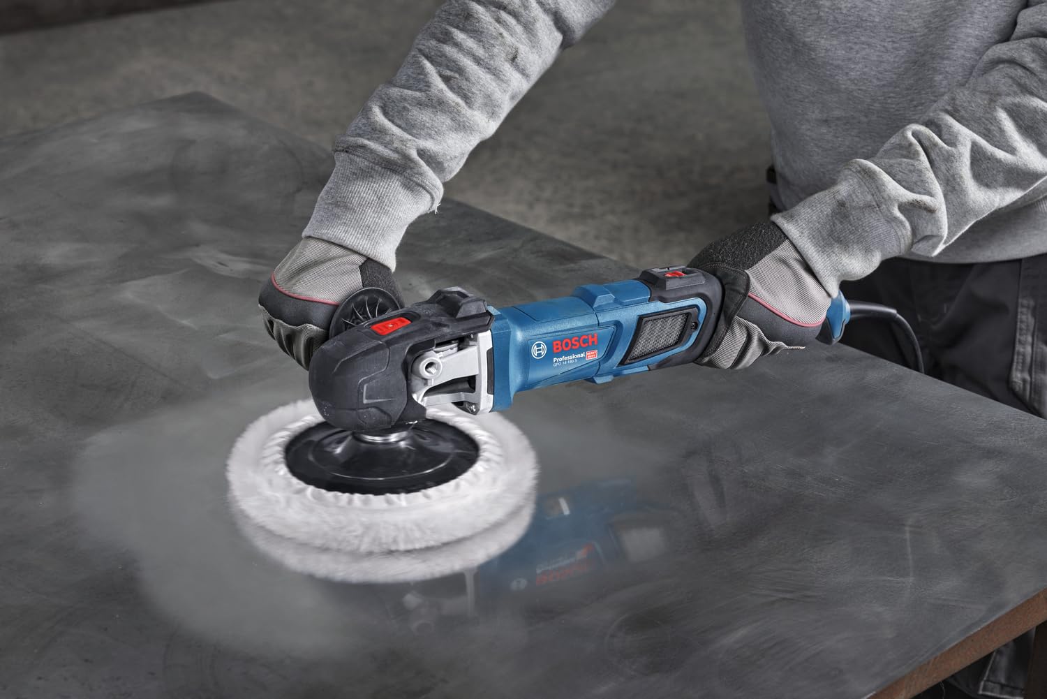 BOSCH Professional GPO 14-180 S Polisher 1400W Power, 600-3500 RPM, 180mm Disc, 6-Speed Control Trigger Soft Start, Overload Protection Spindle Lock Lightweight Heavy Duty D-Handle