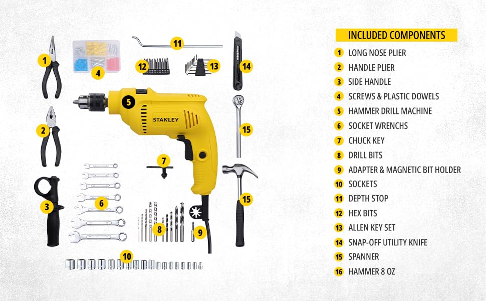 STANLEY SDH550KM-IN 550W 10mm Corded Single Speed Hammer Drill Machine with Mechanical Hand Toolkit (120-Pieces) – Includes Hammer Drill, Measuring Tape, Hammer, 1 Year Warranty, YELLOW & BLACK
