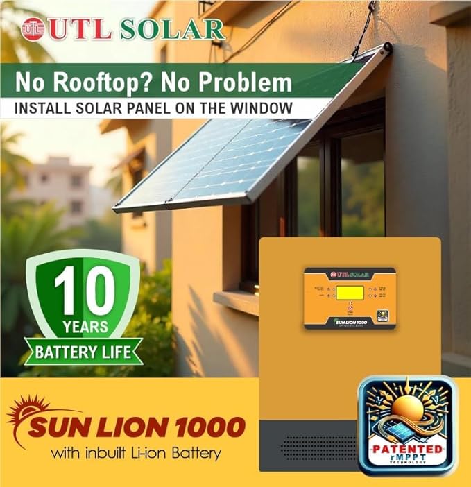 UTL Sun Lion 1000 rMPPT Solar Inverter 800VA12.8V Inbuilt Lithium Battery (LiFePO4) Compatible with 12V & 24V Solar Panels Wall Mountable