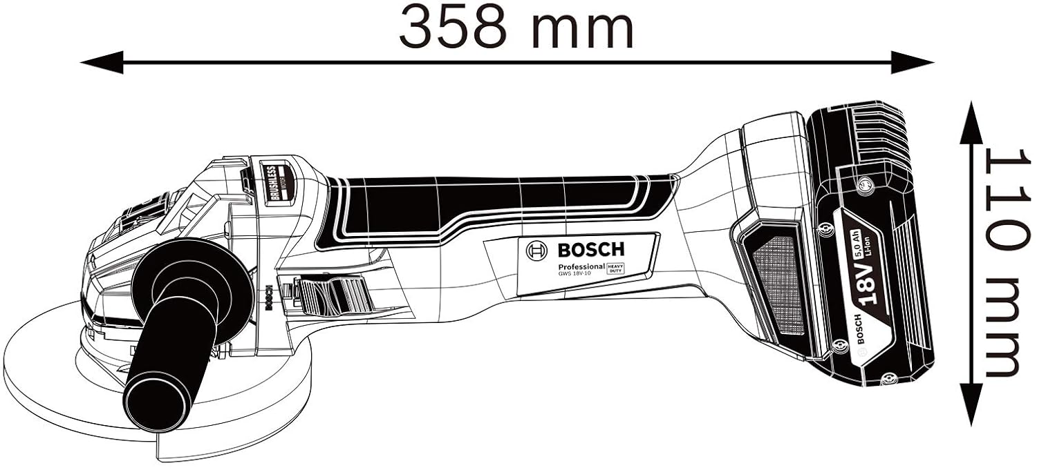 Bosch GWS 18V-10 Heavy Duty Cordless Angle Grinder, Brushless Motor, KickBack Control, 125 mm, M14, 9,000 rpm, 2.1 kg + 2 x battery GBA 18V 5.0Ah, Charger GAL 18V-40 & Accessories, 1 Year Warranty