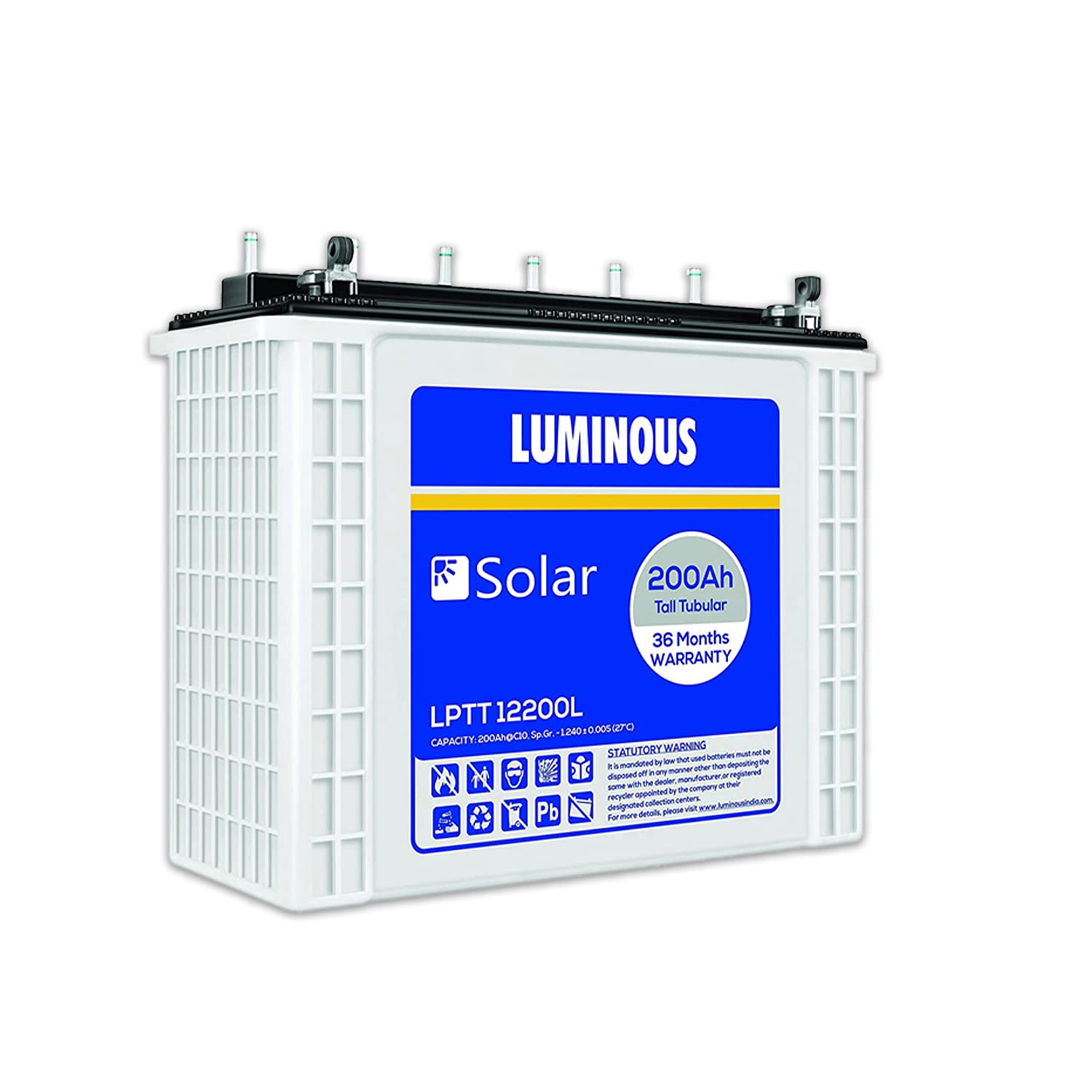 Luminous Solar Inverter LPTT 12200L Tubular Battery 200Ah Rated Capacity C10 Rating, Residential and Commercial Application, Low Maintenance