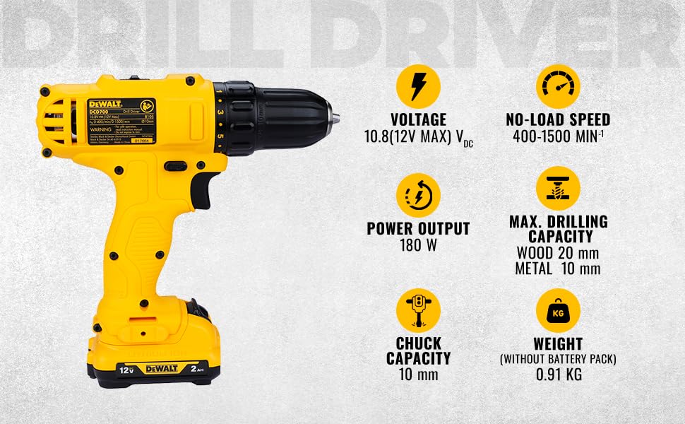 DEWALT DCD700D2A-B1 12V, 10mm XR Li ion Cordless Drill Driver with 2×2.0 Ah Batteries + 109 Pieces Accessory Kit