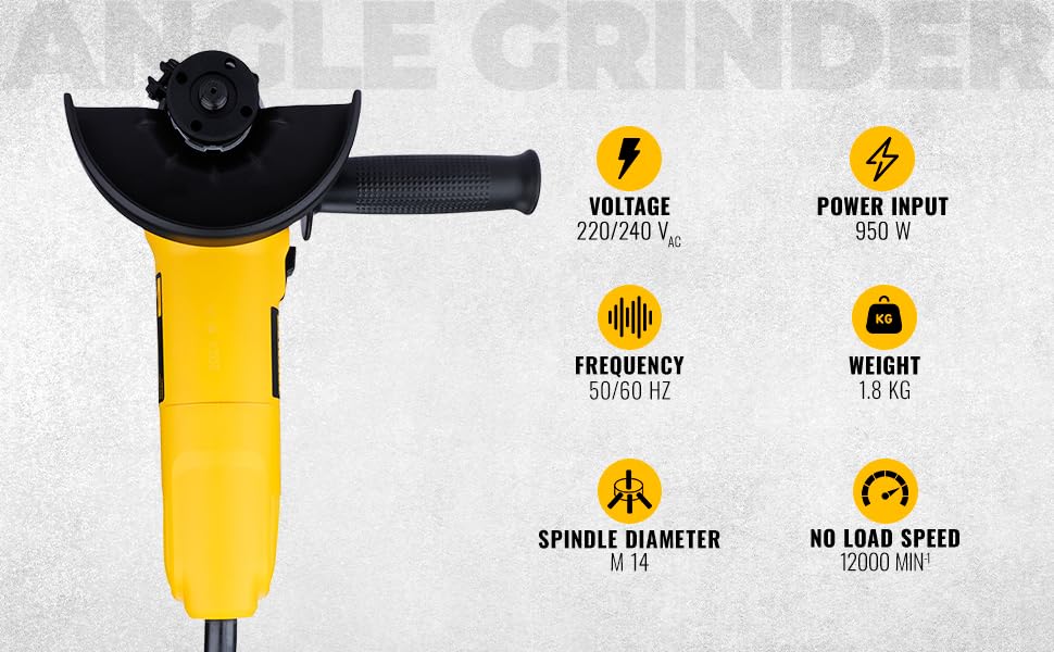 DEWALT DWE4115-IN01, 950W, 5” (100mm) Heavy Duty Angle Grinder Engineered For Heavy Duty Applications with Spindle Lock and Slide switch, 2 Year Warranty