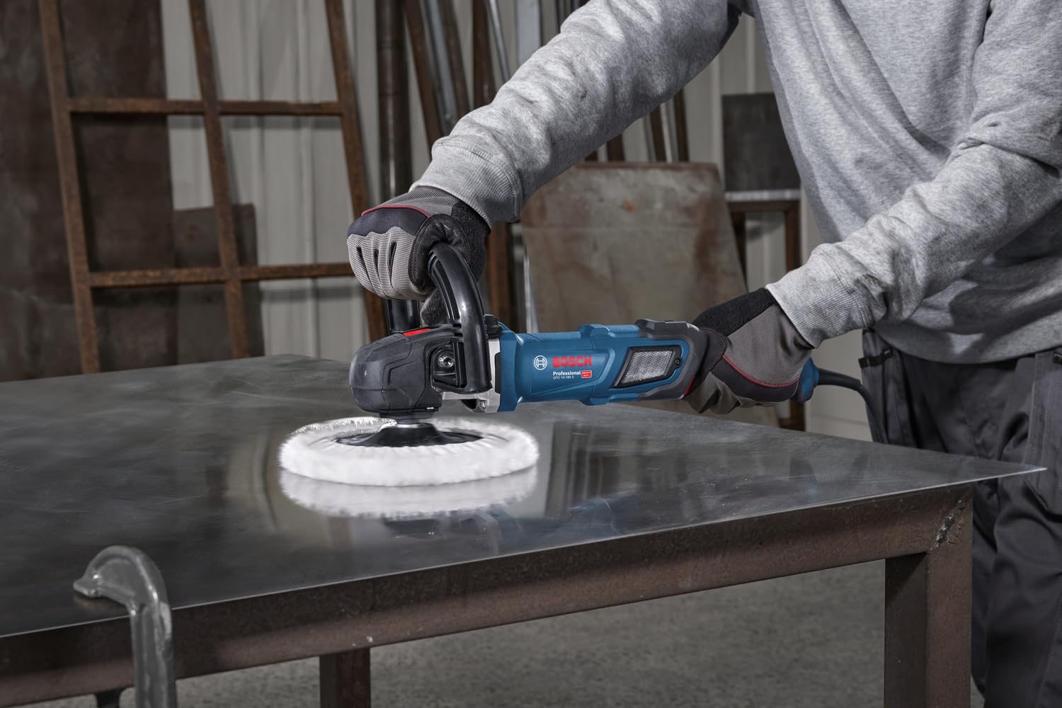 BOSCH Professional GPO 14-180 S Polisher 1400W Power, 600-3500 RPM, 180mm Disc, 6-Speed Control Trigger Soft Start, Overload Protection Spindle Lock Lightweight Heavy Duty D-Handle