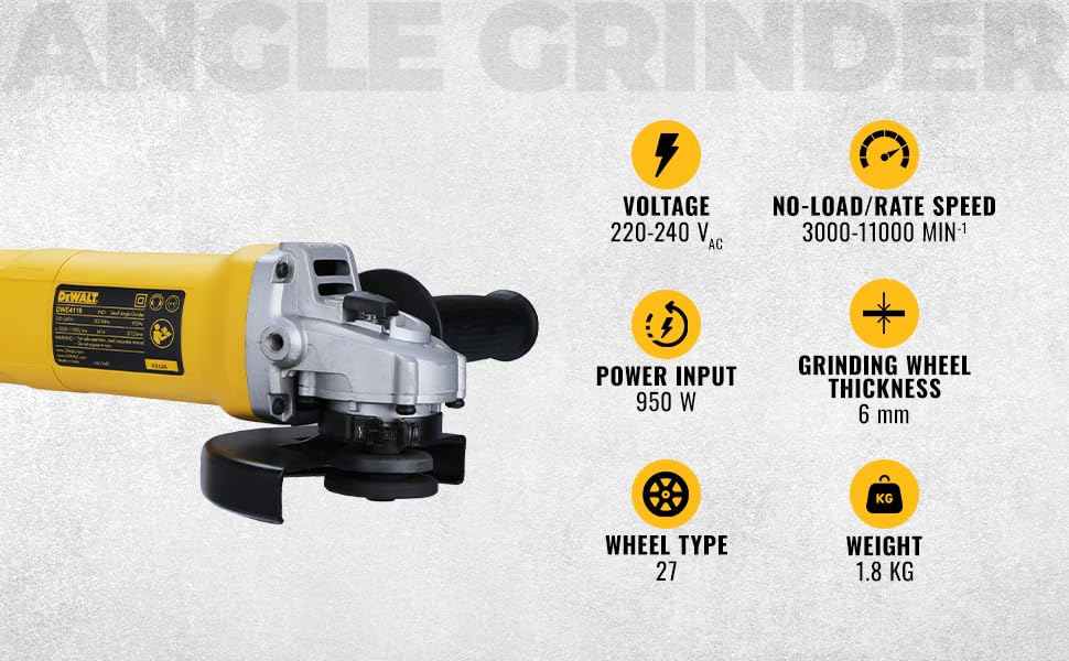DEWALT DWE4119-IN 950W 125mm Medium Angle Grinder – Slide Switch with Variable Speed