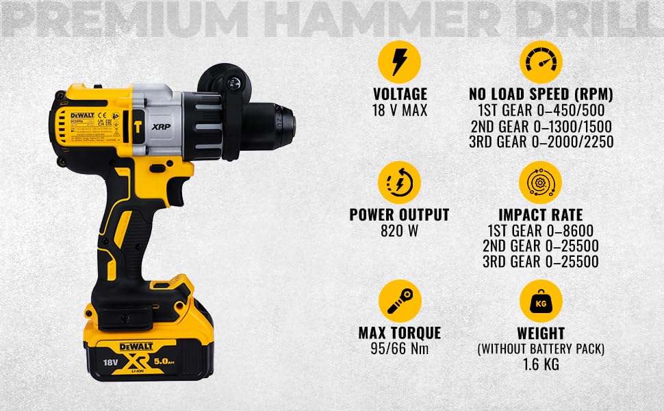 DEWALT DCD996P2-QW 18V 13mm XR Li-ion Premium Cordless Hammer Drill Machine Driver with Brushless Motor with 2×5.0Ah Battery included