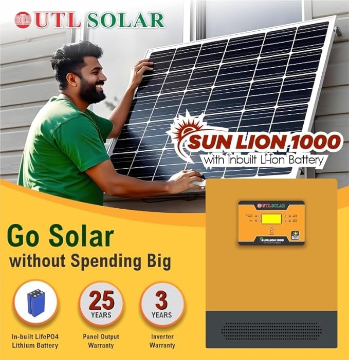 UTL Sun Lion 1000 rMPPT Solar Inverter 800VA12.8V Inbuilt Lithium Battery (LiFePO4) Compatible with 12V & 24V Solar Panels Wall Mountable