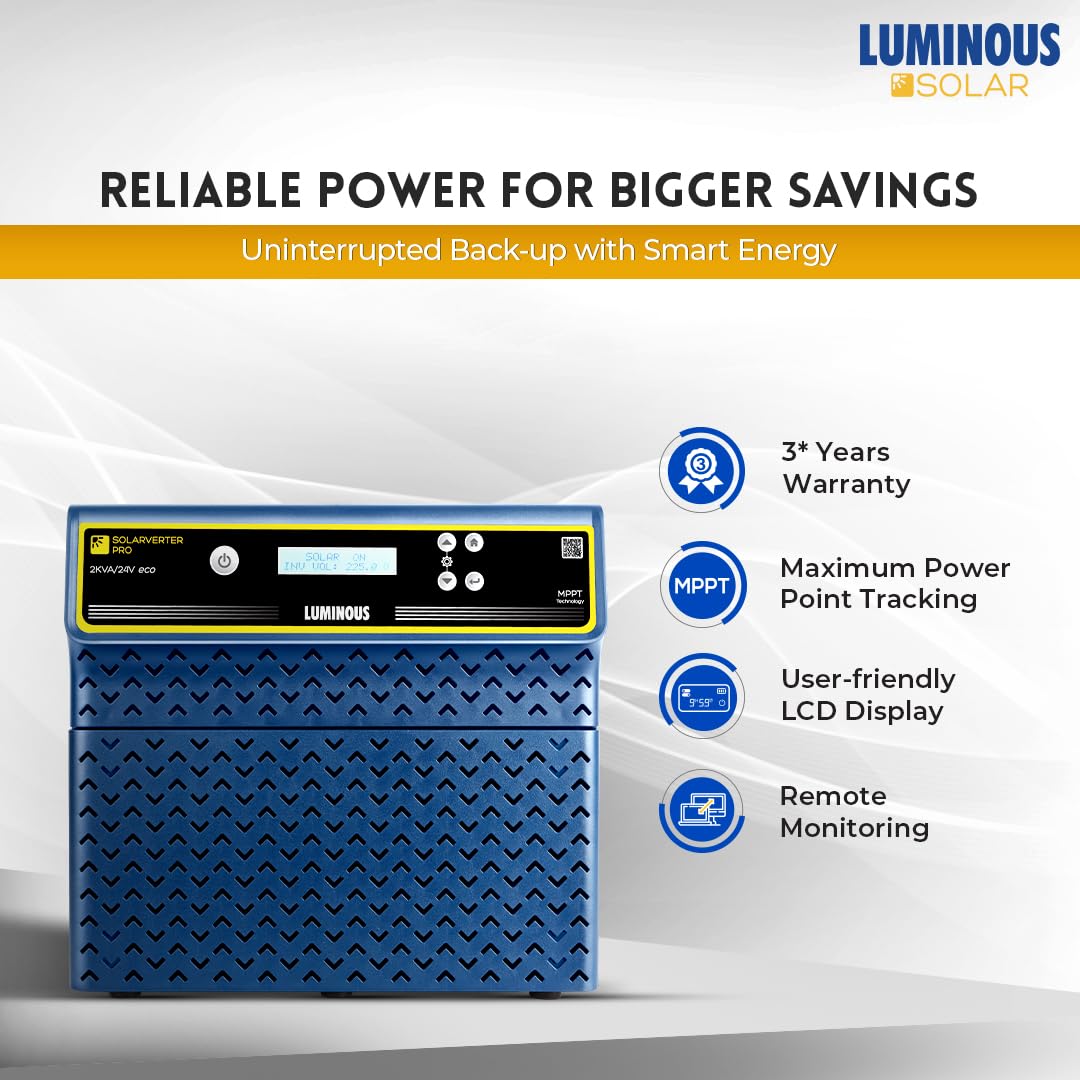 Luminous Single Phase Off-Grid Pure Sine Wave Solar Inverter, Smart Solar Optimization, Remote Monitoring, Supports up to 2000Wp Panels, LCD Display