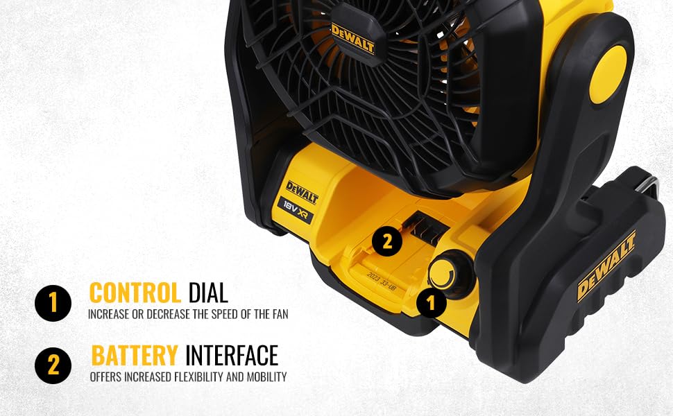 DEWALT DCE512N-XJ 18V XR 3000 RPM Fan Speed Cordless Brushless Portable Jobsite Fan – IP54 Rated (Bare Tool), Yellow & BlackDEWALT DCE512N-XJ 18V XR 3000 RPM Fan Speed Cordless Brushless Portable Jobsite Fan – IP54 Rated (Bare Tool), Yellow & Black