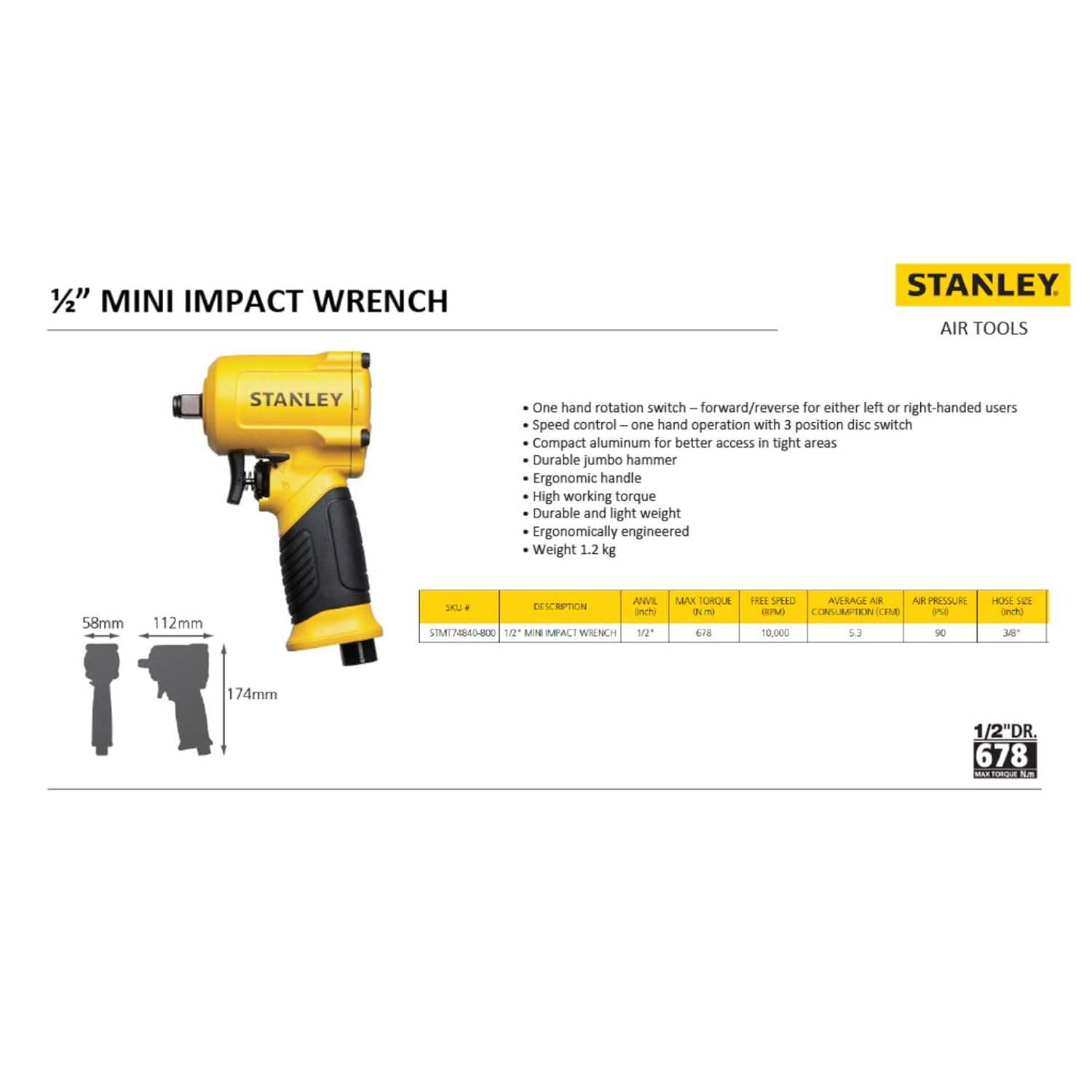 Stanley STMT74840-800 12-inch Mini Impact Wrench (Yellow & Black)