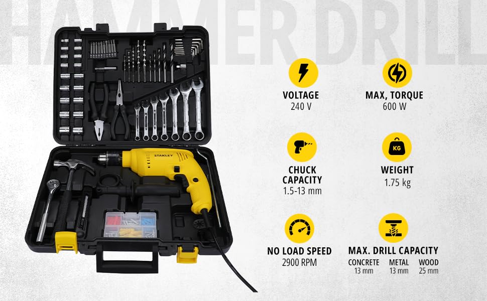 STANLEY SDH600KM-IN 600W 13mm Drill Machine with Mechanical Toolkit for Home, DIY & Professional Use (120-Pieces) – Includes Hammer Drill, Hammer & Measurement Tape, 1 Year Warranty