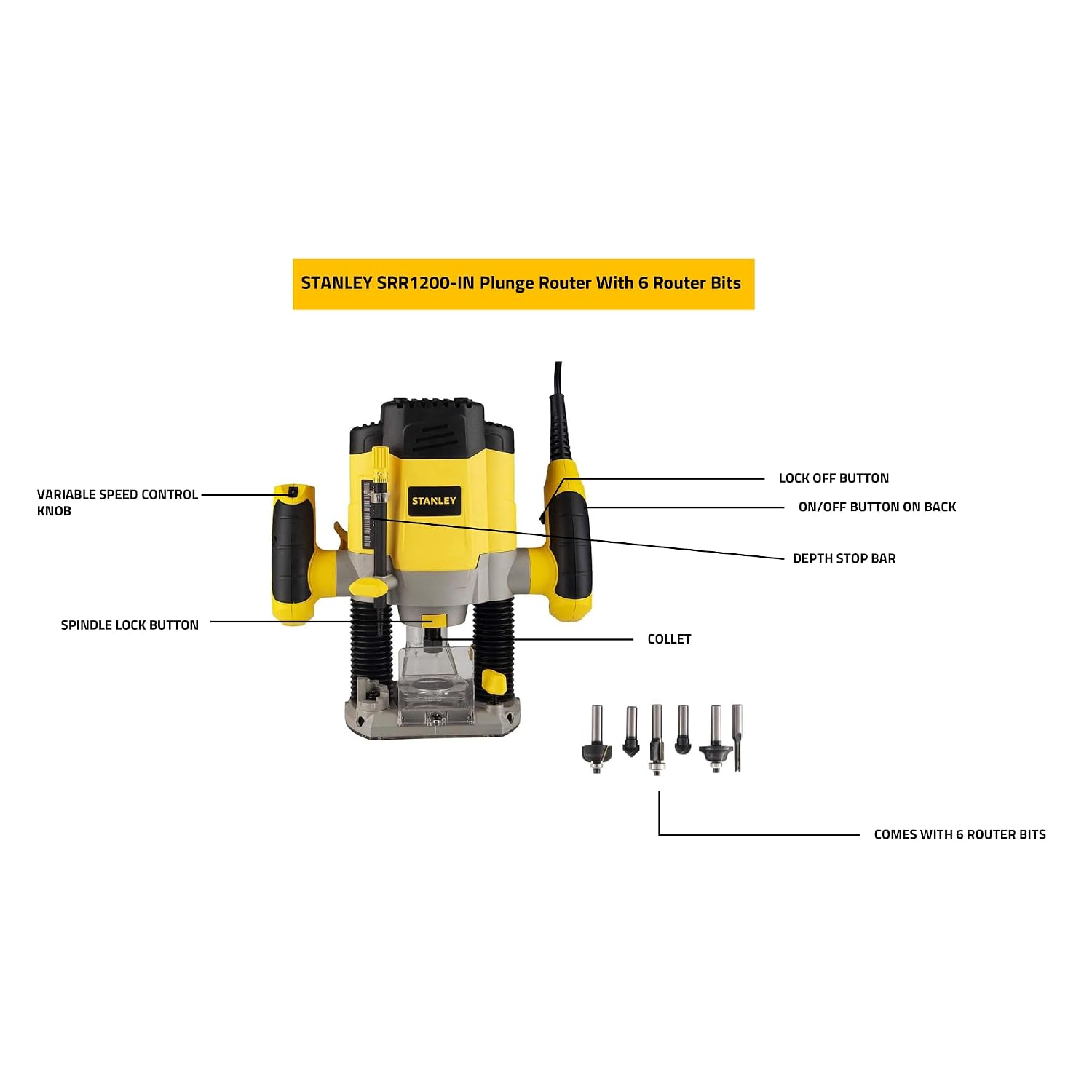 STANLEY SRR1200-IN Plunge Router 1200W 55mm Variable Speed With 6 Router Bits with Spindle-lock & Anti-static shoe coating, 1 Year Warranty