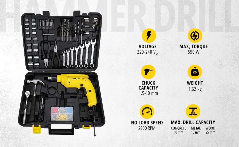 STANLEY SDH550KM-IN 550W 10mm Corded Single Speed Hammer Drill Machine with Mechanical Hand Toolkit (120-Pieces) – Includes Hammer Drill, Measuring Tape, Hammer, 1 Year Warranty, YELLOW & BLACK