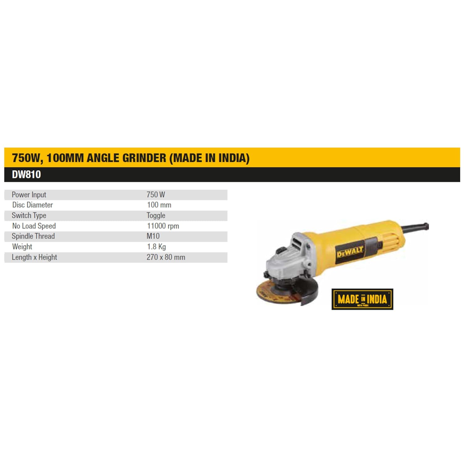 DEWALT DW810-IN01 750W 4 inch (100mm) Heavy Duty Small Angle Grinder with Toggle Switch