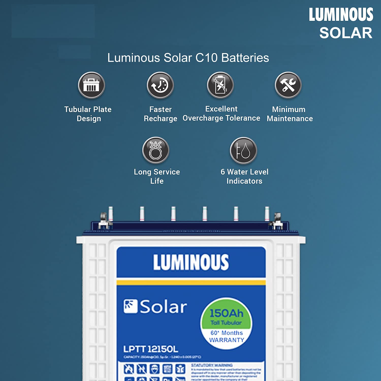 Luminous Solar LPTT 12150L 150 Ah @C10, Recyclable Tall Tubular Inverter Battery for Home, Office & Shops