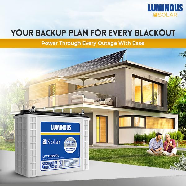 Luminous Solar Inverter LPTT 12200L Tubular Battery 200Ah Rated Capacity C10 Rating, Residential and Commercial Application, Low Maintenance
