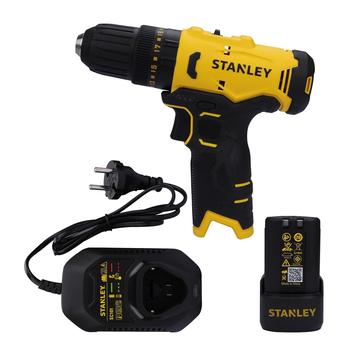 STANLEY SCH10D1-IN(12V) Brushed Cordless Hammer Drill Driver, 1x2Ah Battery & 1.5A Charger,LED Light,Variable Speed Trigger Switch,ForwardReverse Button,10mm Chuck,Clutch Setting 20+1,1 Year Warranty