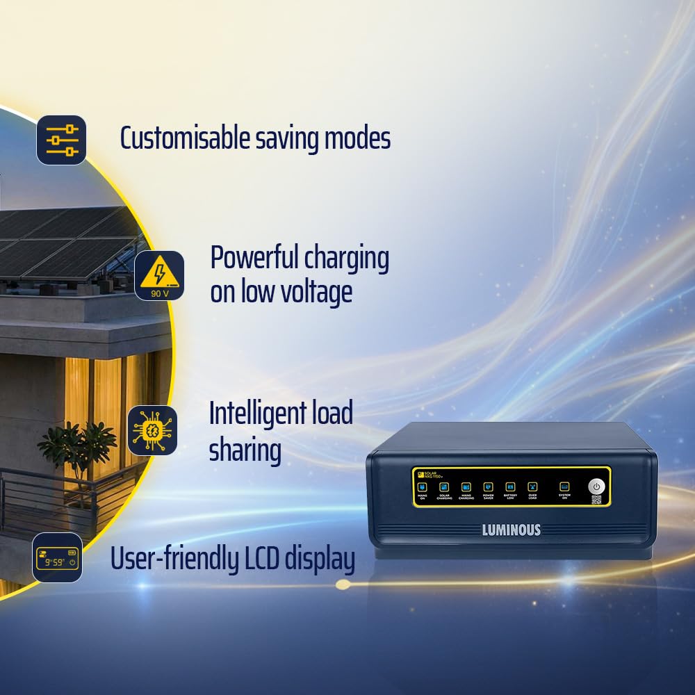 Luminous Single Phase Off-Grid Pure Sine Wave Solar Inverter, PWM and iSOT Technology, Customized Saving Modes, Supports up to 850Wp Panels, LCD Display