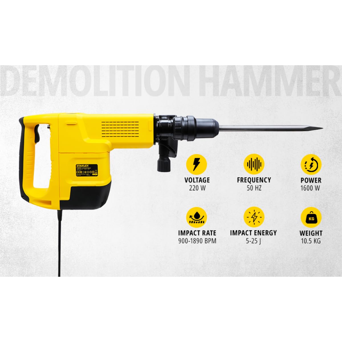 STANLEY STHM10K-IN Demolition Hammer with Kitbox 7 Chisel Designed For Total Demolition 1600W 10Kg SDS-Max