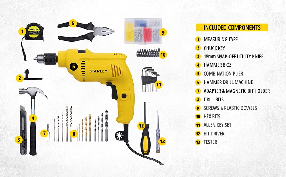 STANLEY SDH550KP-IN 550W 10mm CORDED HAMMER DRILL MACHINE & HAND TOOL KIT for Home, DIY & Professional Use (120-PIECES) – INCLUDES Hammer Drill,Plier,Hammer,Measuring Tape & Drill Bits,1Year WarrantySTANLEY SDH550KP-IN 550W 10mm CORDED HAMMER DRILL MACHINE & HAND TOOL KIT for Home, DIY & Professional Use (120-PIECES) – INCLUDES Hammer Drill,Plier,Hammer,Measuring Tape & Drill Bits,1Year Warranty