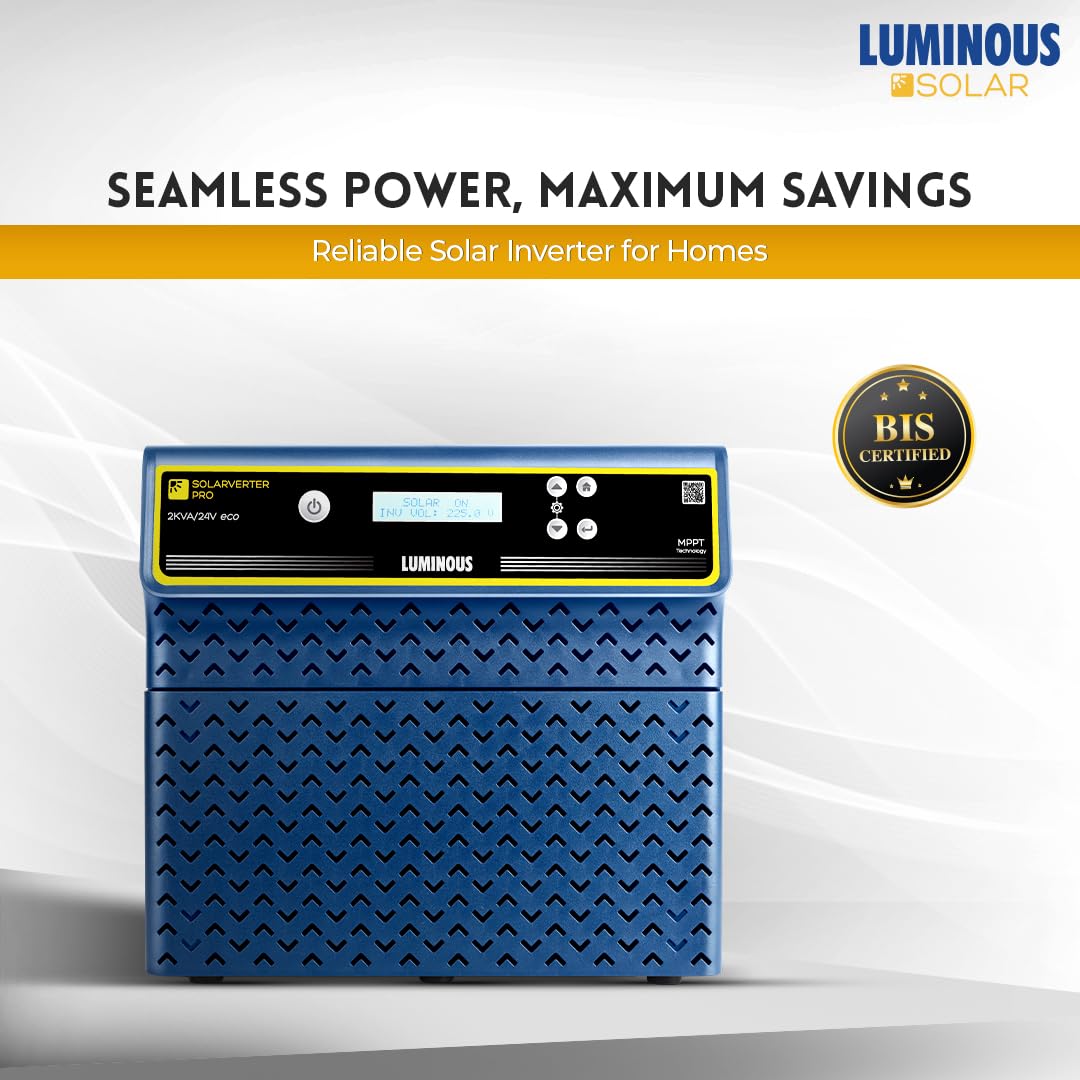 Luminous Single Phase Off-Grid Pure Sine Wave Solar Inverter, Smart Solar Optimization, Remote Monitoring, Supports up to 2000Wp Panels, LCD Display