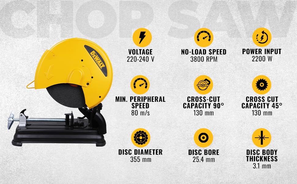 DEWALT D28870-IN 2200 Watt 355mm Heavy Duty Chop Saw with wheel included, Corded Electric