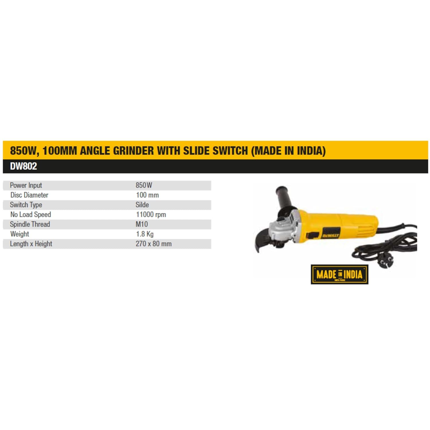 DEWALT DW802-IN, 850W, 4” (100mm) Heavy Duty Angle Grinder Engineered For Heavy Duty Applications with Spindle Lock and Slide switch, 2 Year Warranty