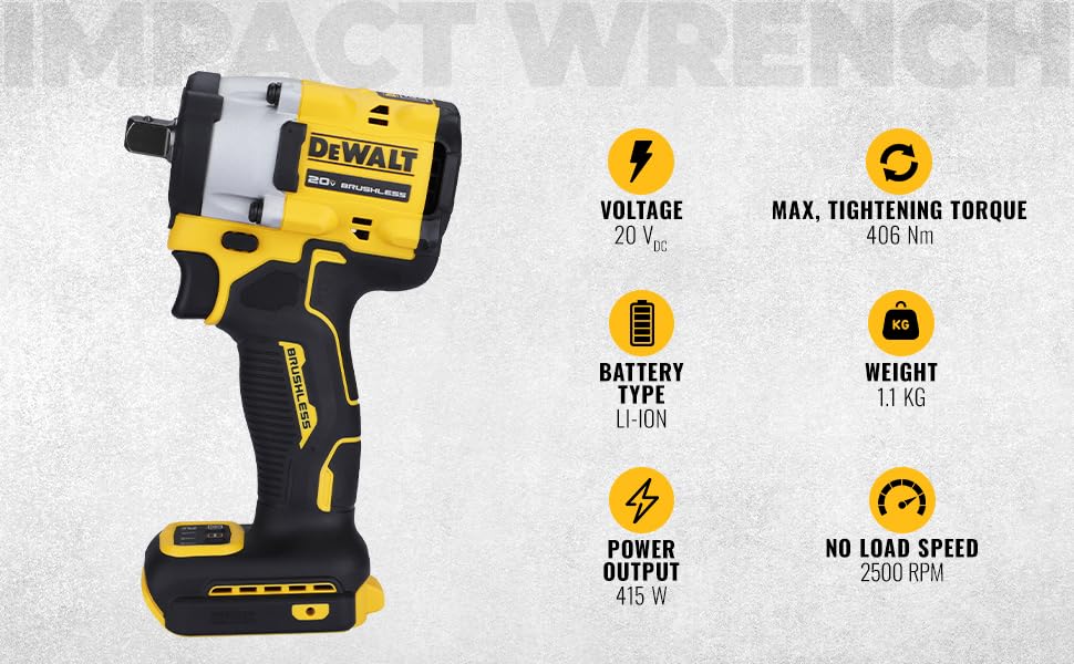 DEWALT DCF922N-B1 12” 20V Max Li-ion Reversible Cordless Brushless Compact Impact Wrench,610 Nm Torque with LED Ring Lighting