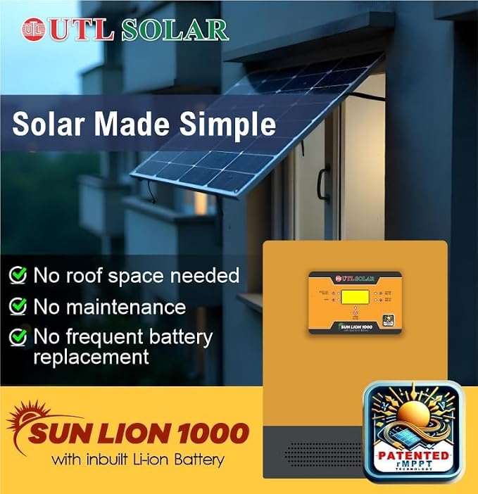 UTL Sun Lion 1000 rMPPT Solar Inverter 800VA12.8V Inbuilt Lithium Battery (LiFePO4) Compatible with 12V & 24V Solar Panels Wall Mountable