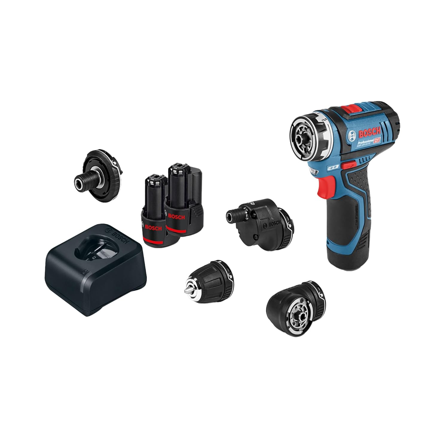 Bosch GSR 12V-15 FC Heavy Duty Cordless Drill, 19 mm, 1/4″ Tool Holder, FlexiCLick System, 0.6 kg, + 2 x battery GBA 12V 2.0Ah, Quick charger GAL 12V-40 Professional & Accessories, 1 Year Warranty